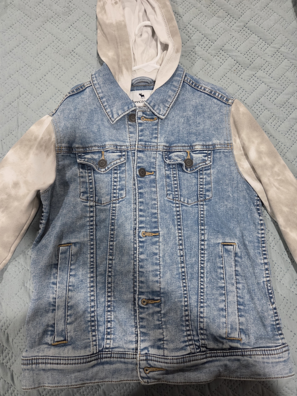 Abercrombie kids light blue denim jacket with cream hood
